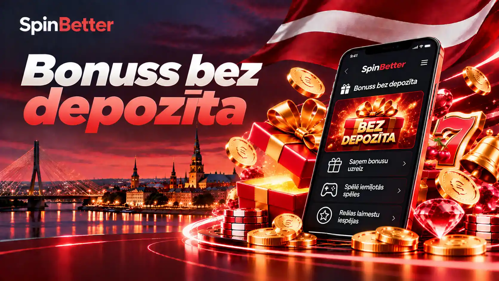 Bonuss bez depozīta: dāvanu kaste, zelta monētas un piedāvājumu saraksts telefona ekrānā