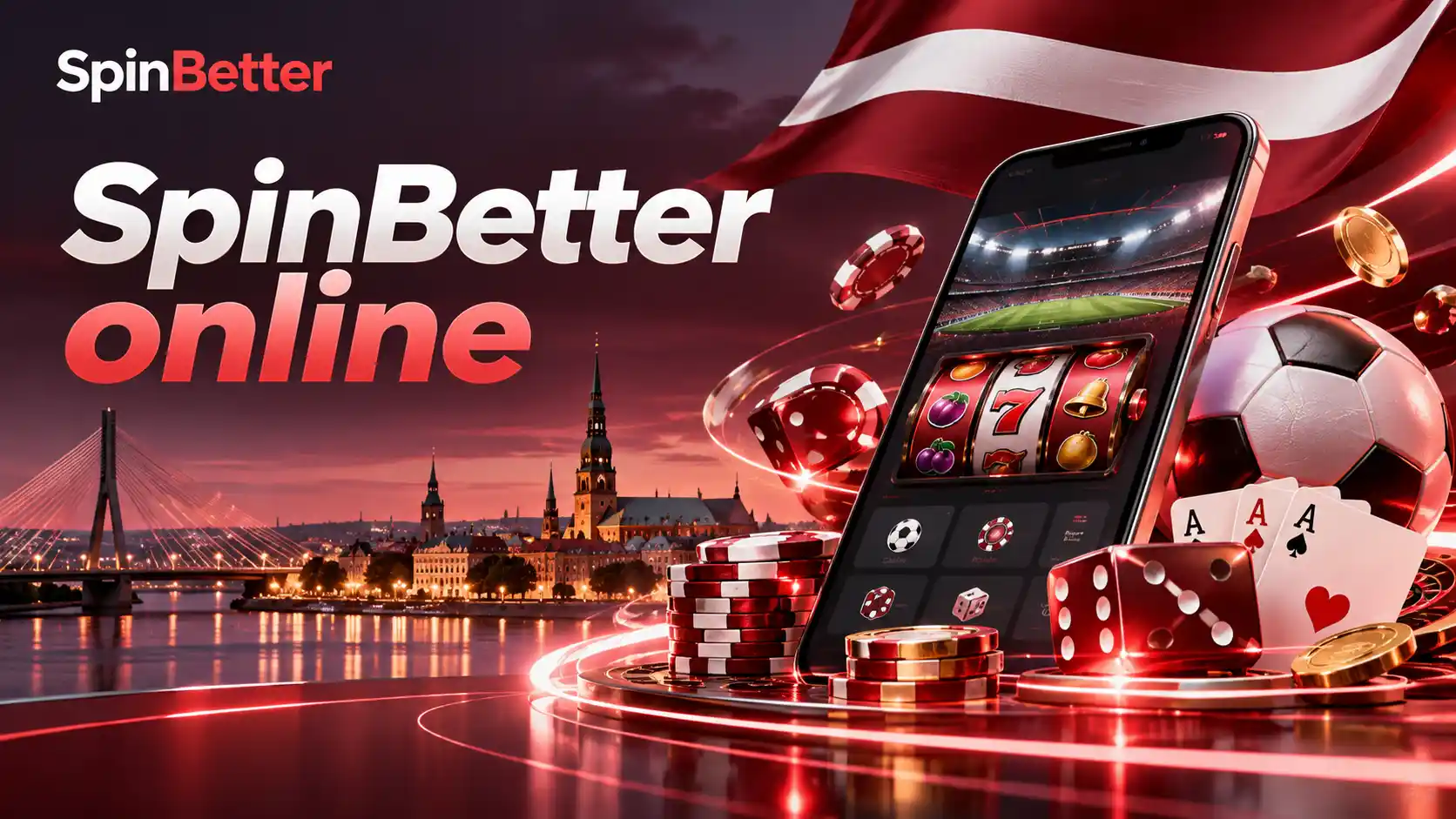 SpinBetter online: telefons ar kazino sākumekrānu, kauliņi un kāršu galds Rīgas vakara fonā