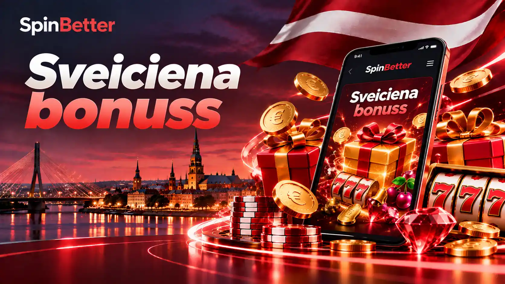 Sveiciena bonuss: dāvanu kastes, monētas un slotu simboli uz telefona ekrāna