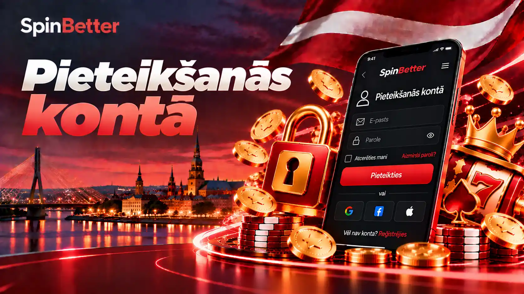Pieteikšanās logs telefonā ar e-pasta lauku, paroli un Google, Facebook un Apple pogām