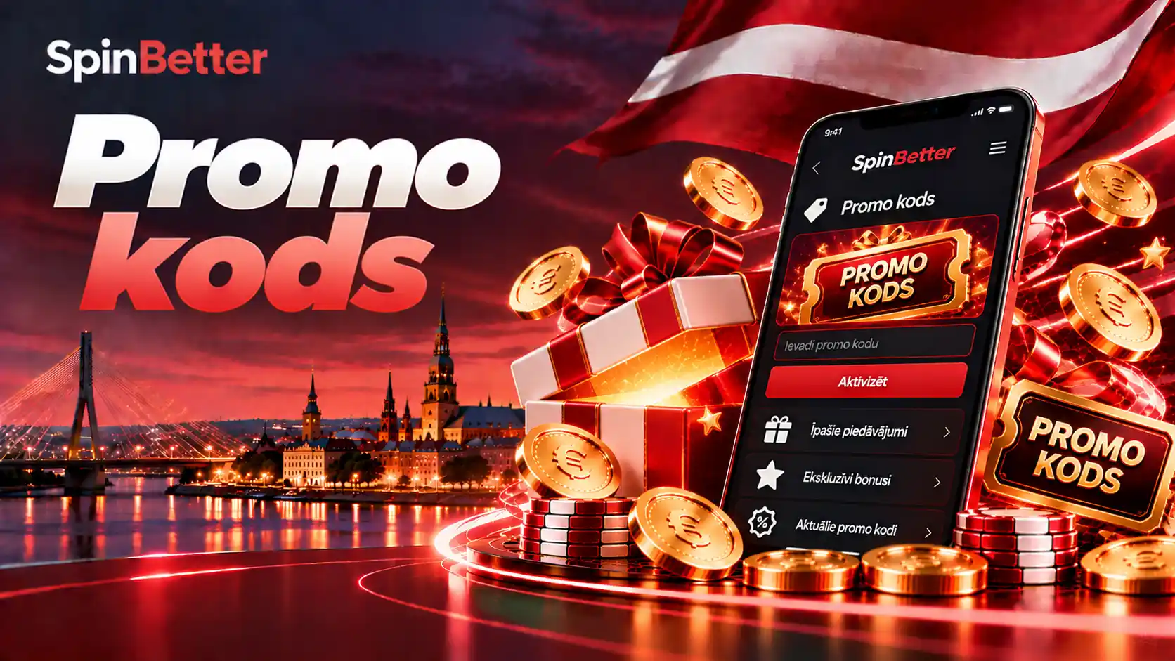 Promo koda piedāvājums telefona ekrānā ar dāvanu kastēm un zelta monētām